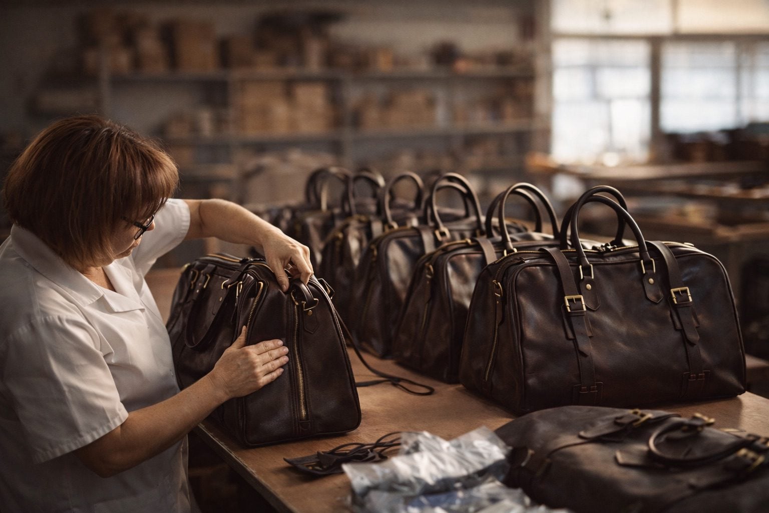 Craftsmen shaping Italian leather in factory