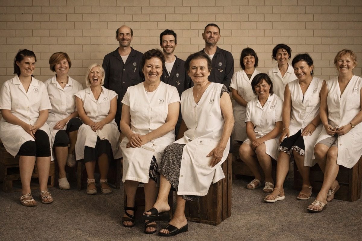 Italian leather artisans working inside family-run leather workshop in Italy