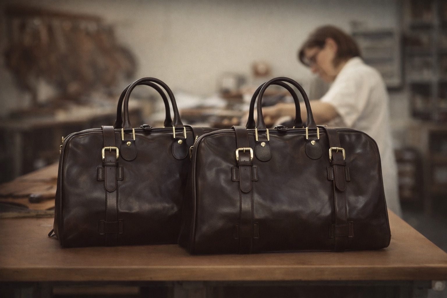 craftspeople assembling italian leather bags