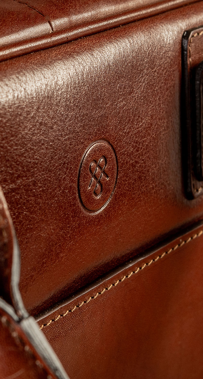 Professional leather laptop briefcase logo detail
