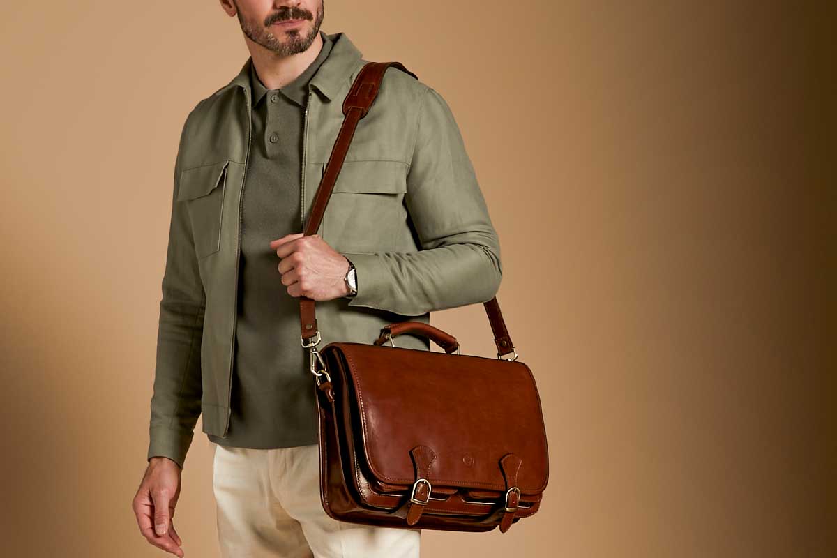Leather briefcase satchel front detail
