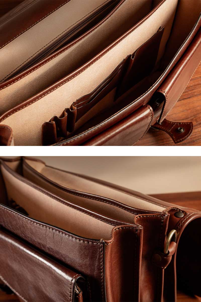 Modern leather work bag interior sections