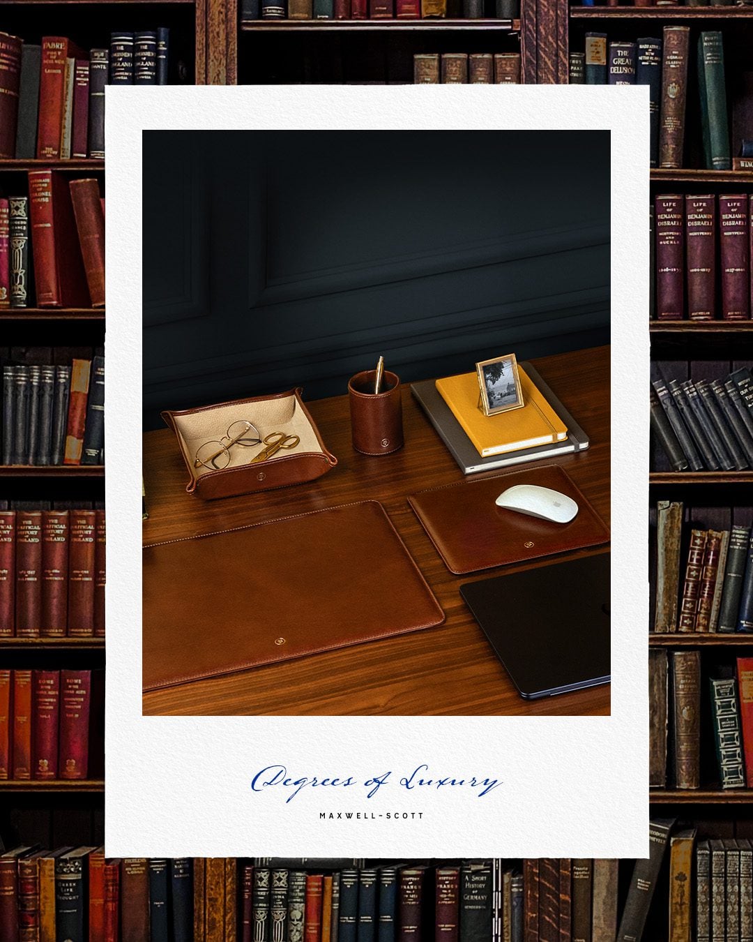 Full-grain leather desk set including desk pad, pen pot and organiser