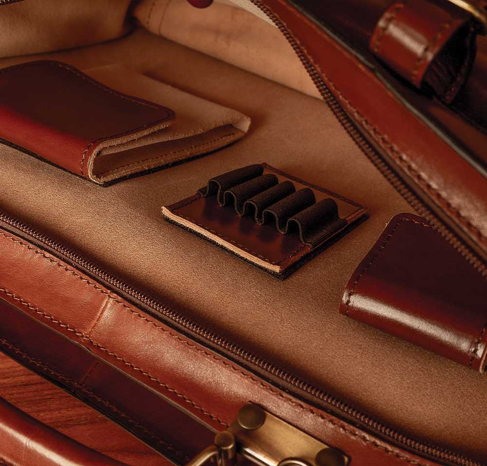 interior of italian brown luxury leather briefcase bag