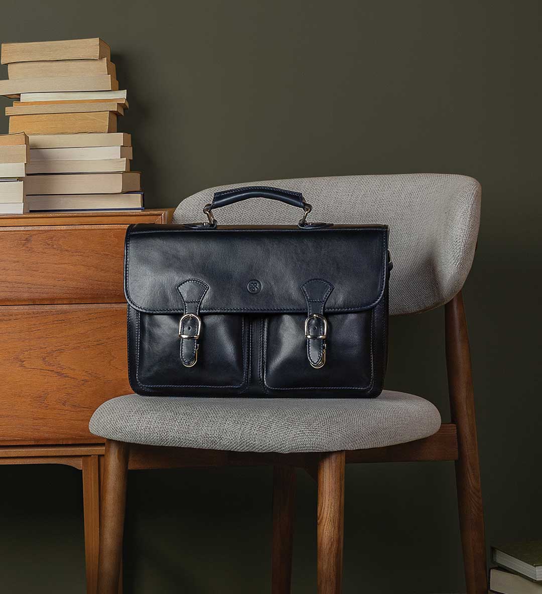 navy leather bag collection Loreto satchel with strap