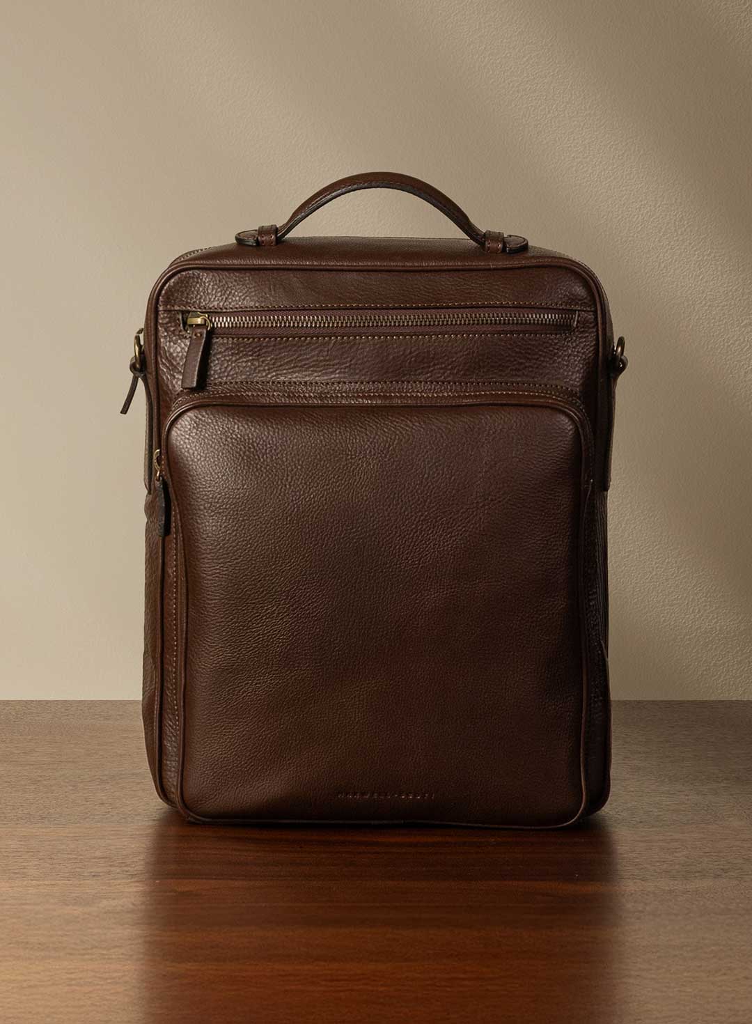 Large leather work backpack soft-grain Italian leather detail
