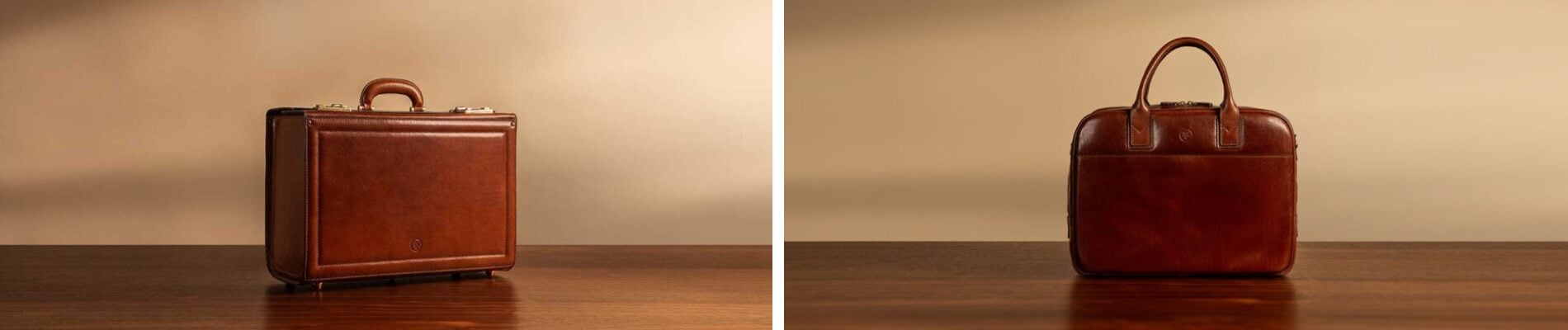 Briefcase vs attaché case comparison showing structured and flexible leather designs