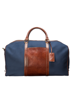 premium navy canvas and leather travel bag for stylish man. Handmade in the heart of Italy