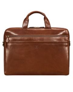 Luxury brown Italian full-grain leather laptop briefcase with padded 17-inch sleeve and trolley sleeve