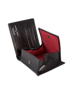 expensive black leather wallet with coin section with red lining